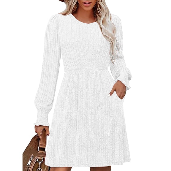 Ribbed Knit Dress, Long Sleeve Crew Neck Bodycon Midi Dress, Versatile Basic Dress for Layering, Work, and Everyday Casual Style White XL