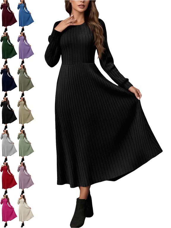 Ribbed Knit Dress for Women Crew Neck Long Sleeve Waist Defined A Line Solid Color Fall Winter Dress