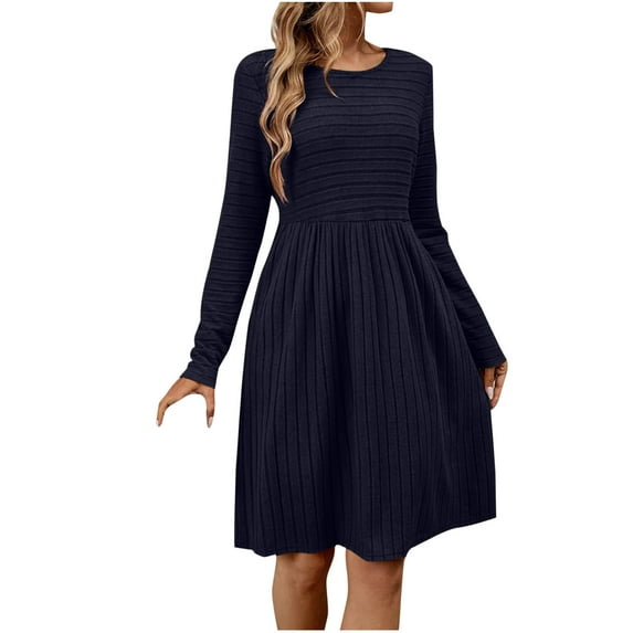 Ribbed Knit Dress for Women Crewneck Long Sleeve Empire Waist A-Line Dresses Casual Solid Color Pleated Swing Dress