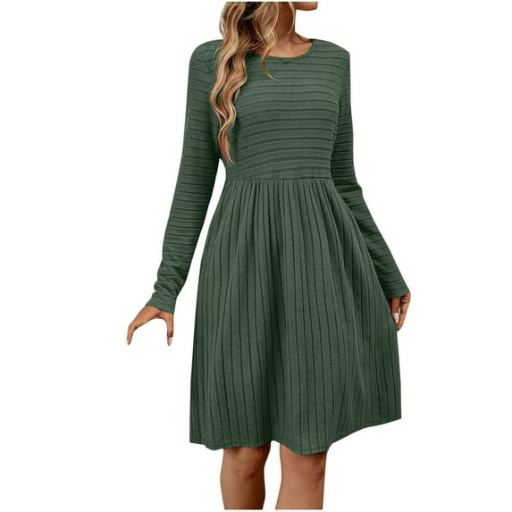 Ribbed Knit Dress for Women Crewneck Long Sleeve Empire Waist A-Line Dresses Casual Solid Color Pleated Swing Dress
