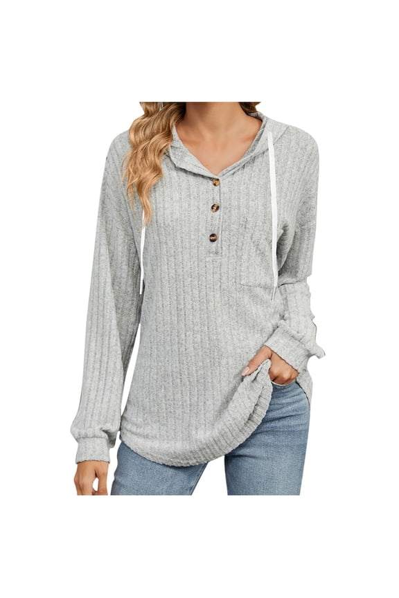 Ribbed Knit Hoodie Drawstring Pullover Lightweight Sweater Tops Womens Long Sleeve Buttons Hooded Sweatshirts (XL, Gray)