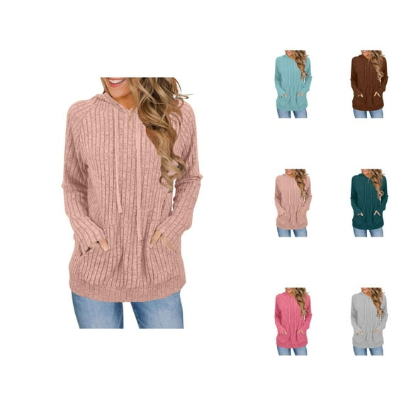 Ribbed Knit Hoodies for Women 2025 Long Sleeve Plain Sweater Hooded Sweatshirt with Pockets Pullover Tops