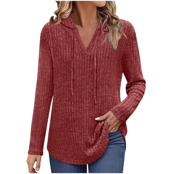 Ribbed Knit Hoodies for Women Drawstring Hooded Tunic Sweatshirts Winter Travel Solid Color Long Sleeve Pullover Shirts Sweaters Tops