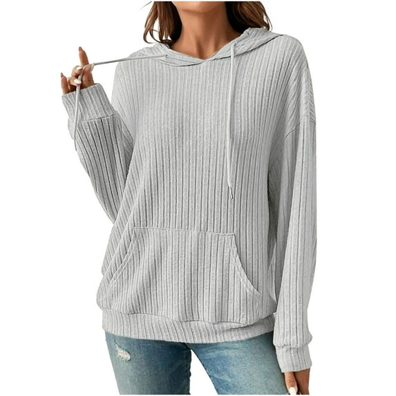 Ribbed Knit Hoodies for Women Lightweight Drawstring Hooded Sweatshirt Long Sleeve Pullover Loose Casual Fall Tops