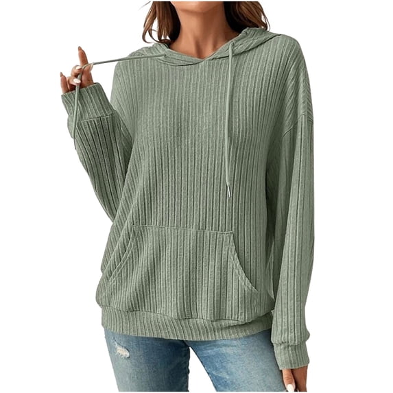 Ribbed Knit Hoodies for Women Lightweight Drawstring Hooded Sweatshirt Long Sleeve Pullover Loose Casual Fall Tops