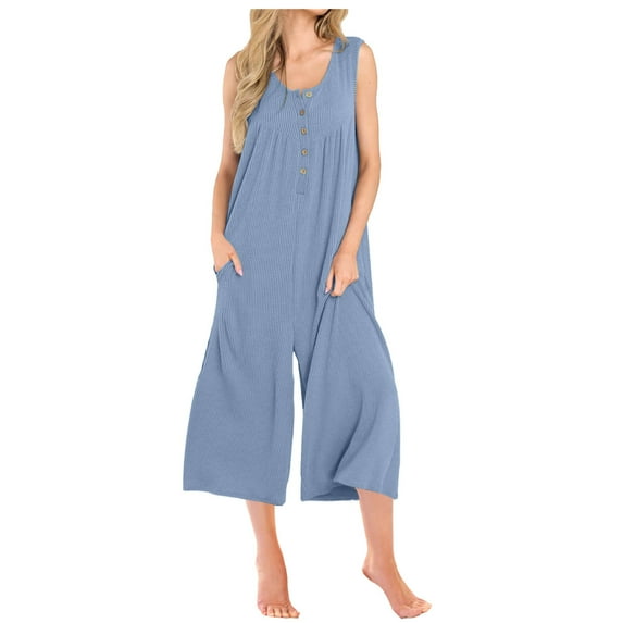Ribbed Knit Jumpsuits Womens Sleeveless Summer Onesies Capris Button Down Tank Wide Leg Jumpers Romper Crop Pants (L, Blue)