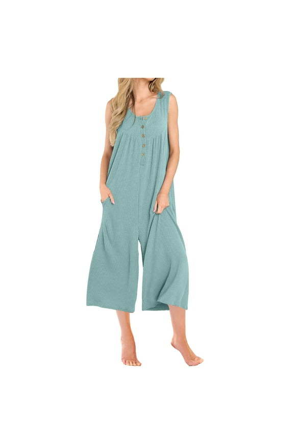 Ribbed Knit Jumpsuits Womens Sleeveless Summer Onesies Capris Button Down Tank Wide Leg Jumpers Romper Crop Pants (M, Green)