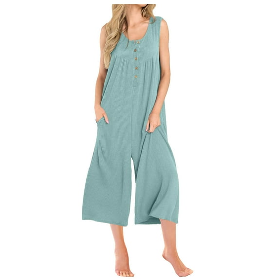 Ribbed Knit Jumpsuits Womens Sleeveless Summer Onesies Capris Button Down Tank Wide Leg Jumpers Romper Crop Pants (S, Green)