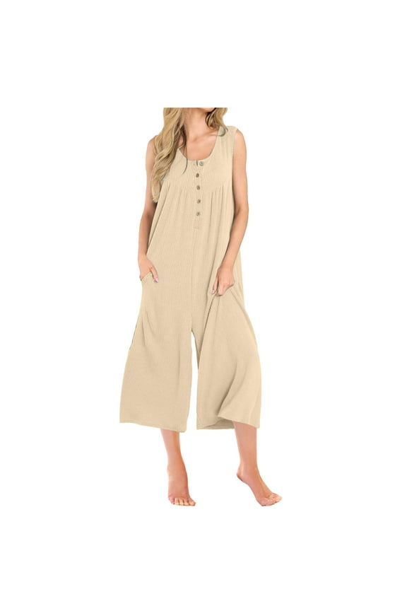 Ribbed Knit Jumpsuits Womens Sleeveless Summer Onesies Capris Button Down Tank Wide Leg Jumpers Romper Crop Pants (S, Khaki)
