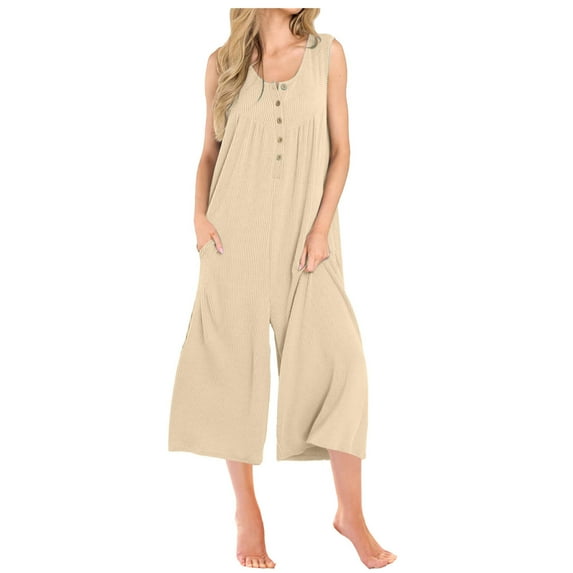 Ribbed Knit Jumpsuits Womens Sleeveless Summer Onesies Capris Button Down Tank Wide Leg Jumpers Romper Crop Pants (XL, Khaki)