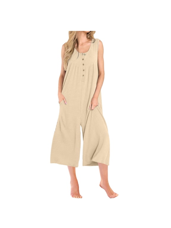 Ribbed Knit Jumpsuits for Women Sleeveless Summer Onesies Capris Button Up Tank Wide Leg Jumpers Romper Crop Pants (L, Khaki)