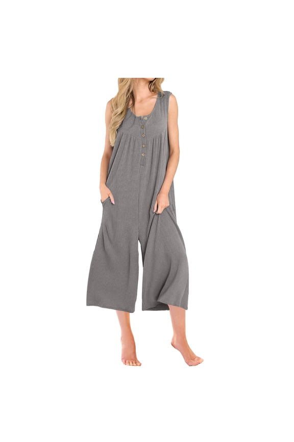 Ribbed Knit Jumpsuits for Women Sleeveless Summer Onesies Capris Button Up Tank Wide Leg Jumpers Romper Crop Pants (XL, Gray)