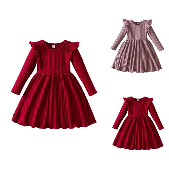 Ribbed Knit Long Sleeve Dress – Cozy Princess Gown for Girls, Home & Outing Casual Wear, Soft Layer Alongside Pink Dress for Girls Looks