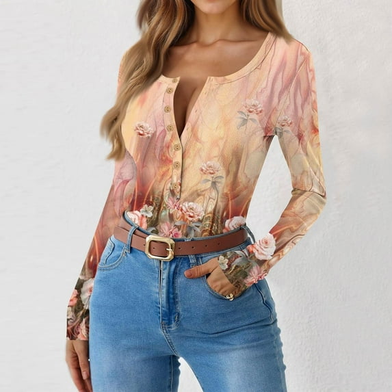 Ribbed Knit Long Sleeve Shirts For Women V Neck Henley Tops Slim Fit Fall Trendy Knitted Button Down Shirt