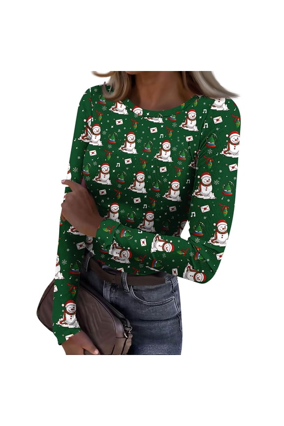 Ribbed Knit Long Sleeve Shirts for Women Stretch Slim Fit Christmas Tee Tops Xmas Tshirts