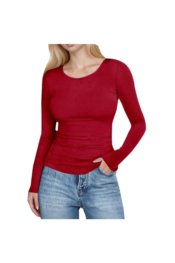 Ribbed Knit Long Sleeve Tops Women Scoop Neck Slim Fit T-Shirts Solid Color Casual Fashion Fall Winter Base Tees (S, Red)