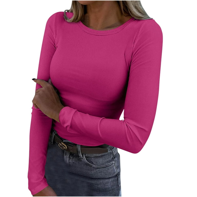 Ribbed Knit Long Sleeve Tops for Women Scoop Neck Slim Fitted Casual Solid  Lightweight Thermal Underwear Shirt (Medium, Hot Pink O-neck)