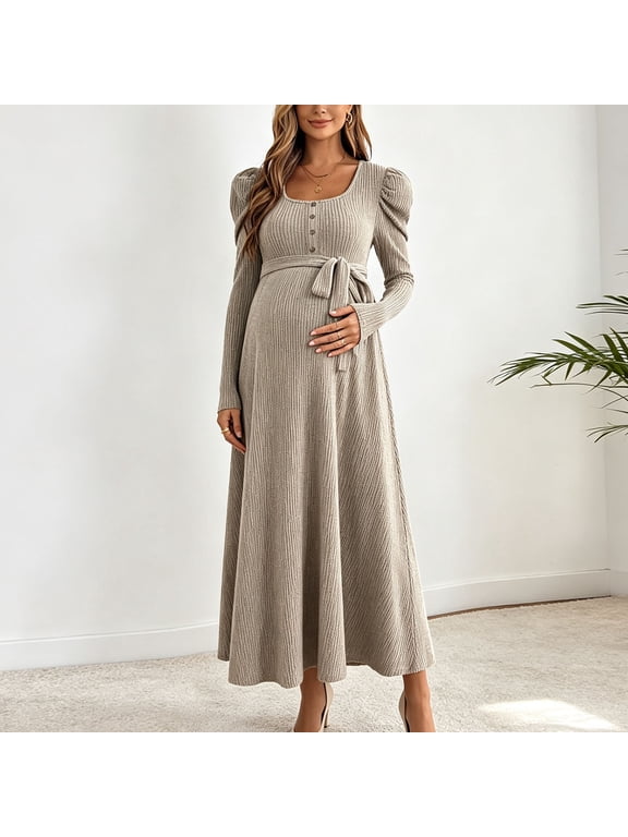 Ribbed Knit Maxi Dress for Women's maternity, Square Neck Long Sleeve Belted A-Line Party Baby Shower Pregnancy Dress, S-XXL