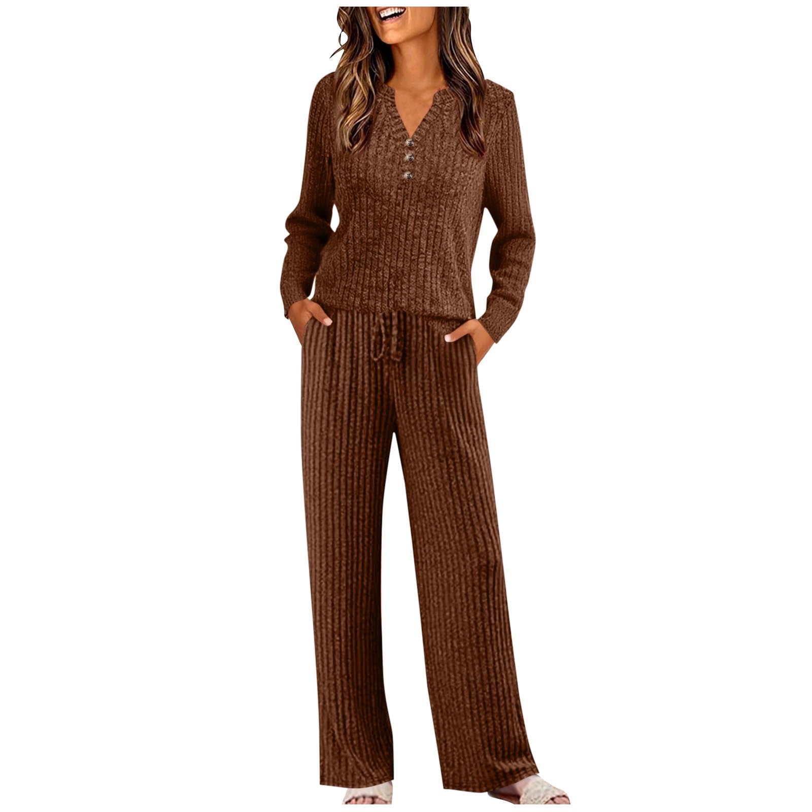 Ribbed Knit Outfits For Women 2 Piece Long Sleeve Buttons V Neck ribbed-knit-outfits-for-women-2-piece-long-sleeve-buttons-v-neck