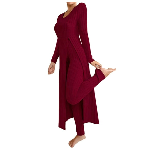 Ribbed Knit Pajamas Set for Women Split Side Long Sleeve Sleepwear Matching Long Pants Comfy 2 Piece Pjs Lounge Sets