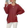 thumbnail image 1 of Ribbed Knit Pullover Sweater Batwing Long Sleeve Crewneck Side Slit Women Top for Autumn Winter Wine Red XXL, 1 of 6