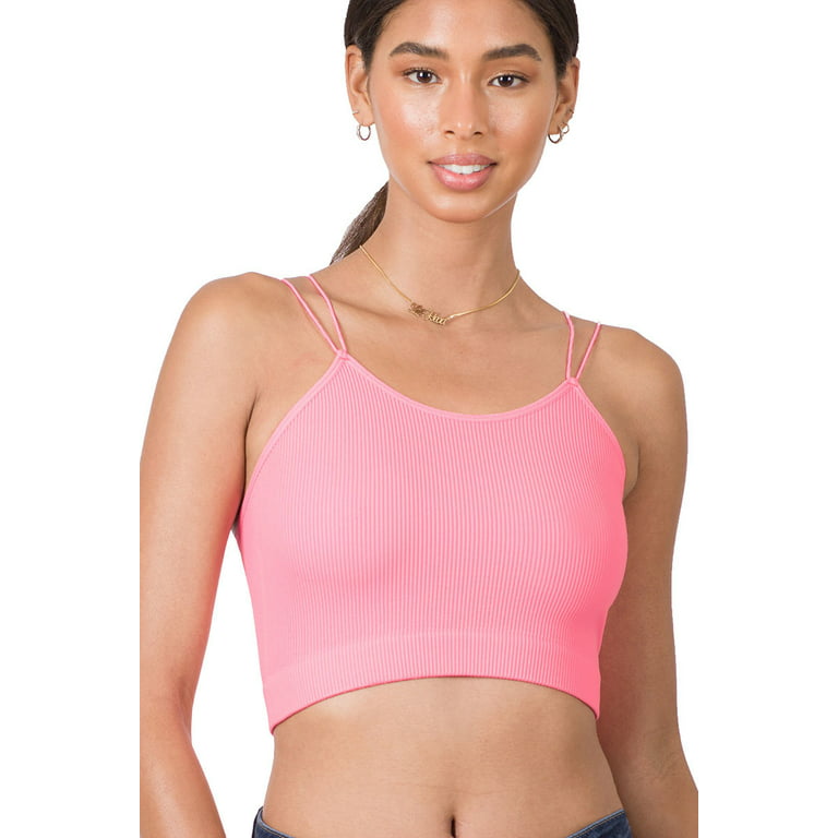 Ribbed Knit Seamless Double Spaghetti Strap Cropped Cami Tank Top (Bright  Pink, LXL)