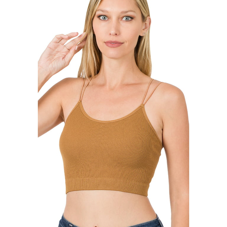 Ribbed Knit Seamless Double Spaghetti Strap Cropped Cami Tank Top (Deep  Camel, LXL)