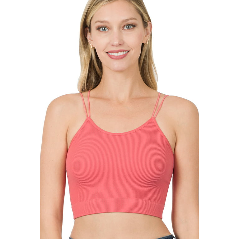 Ribbed Knit Seamless Double Spaghetti Strap Cropped Cami Tank Top (Desert  Rose, SM)