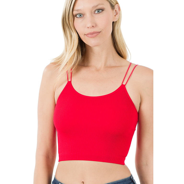 Ribbed Knit Seamless Double Spaghetti Strap Cropped Cami Tank Top