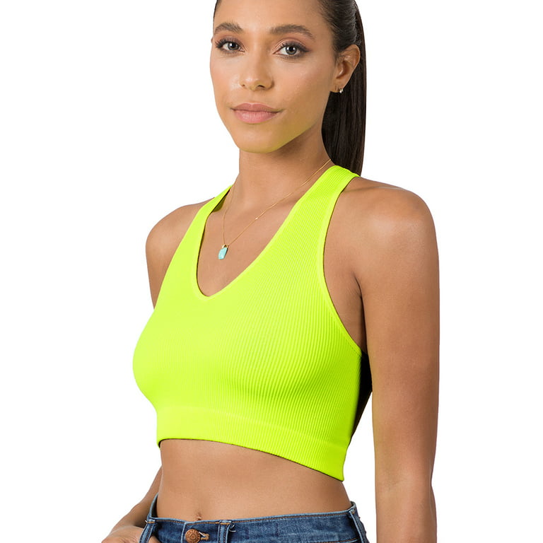 Ribbed Knit Seamless Halter Neck Crop Tank Top (Neon Lime, LXL)