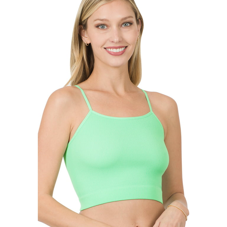 Ribbed Knit Seamless Spaghetti Strap Cropped Cami Tank Top (Green