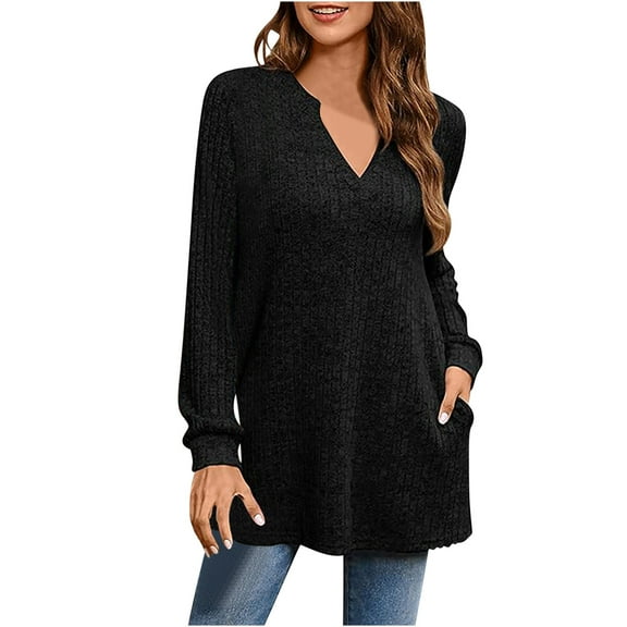 Ribbed Knit Shirt for Women Casual Long Sleeve Top V-Neck Dressy Blouses Side Slit Tunic Tee Fall Sweater with Pockets (Black L)