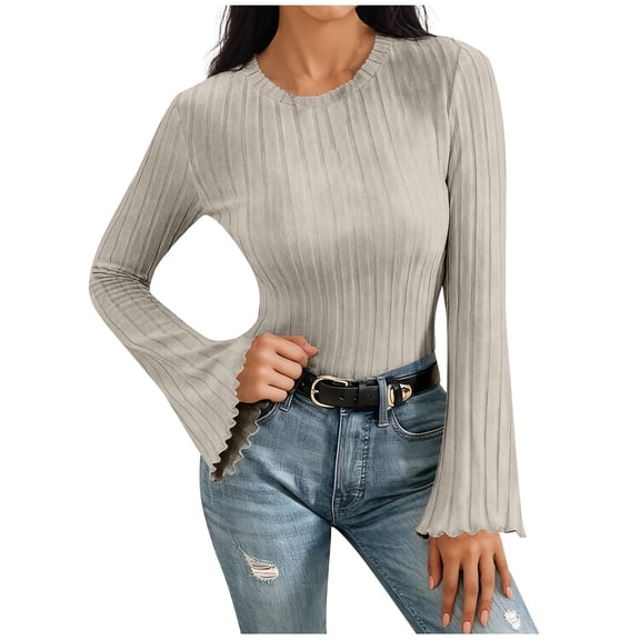 Ribbed Knit Shirts for Women Casual Long Bell Sleeve Fashion Shirt Slim Fit Crewneck Lightweight Blouse Solid Color Tunic Tops