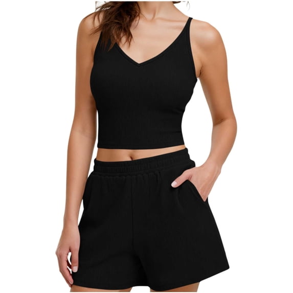 Ribbed Knit Short Sets for Women Summer Cami Crop Tank Tops and Shorts Sets Loungewear with Pocket Casual Vacation Outfits