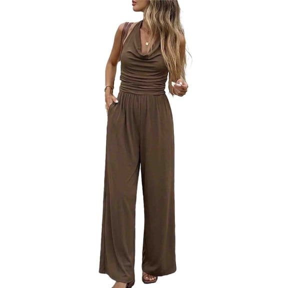 Ribbed Knit Sleeveless Women's Ruched Cowl Neck Backless Jumpsuit Solid Wide Leg Long Romper Ideal for Date Night Casual Daily Wear