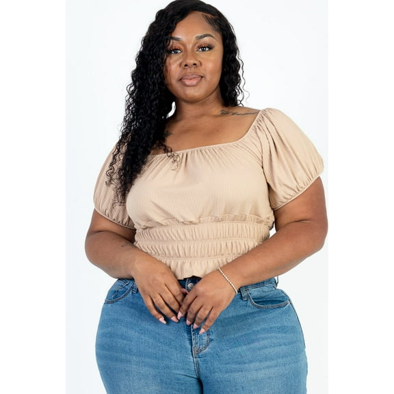 Ribbed Knit Solid Top with Casual Ruched Puff Sleeves in Plus Size