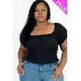 thumbnail image 1 of Ribbed Knit Solid Top with Casual Ruched Puff Sleeves in Plus Size, 1 of 9