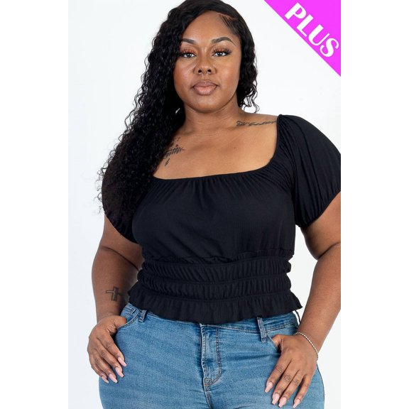 Ribbed Knit Solid Top with Casual Ruched Puff Sleeves in Plus Size