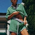 thumbnail image 1 of Ribbed Knit Sweater Casual Sets for Women 2 Piece Lapel V-Neck Half Sleeve Tops Lounge Hoodie Trendy Homewear Outfits High Waisted Short Pants Summer Fall Fashion Matching Clothing, 1 of 8
