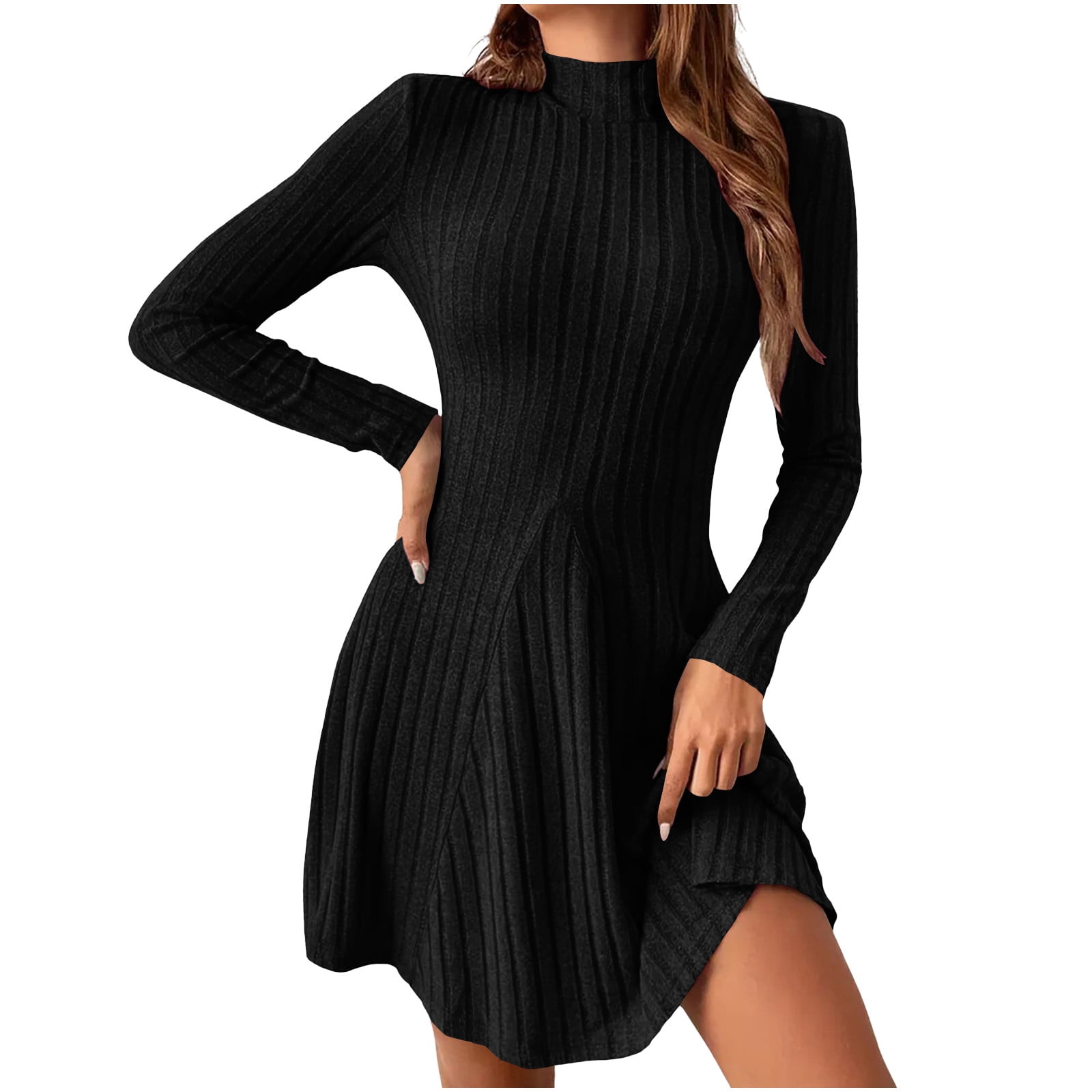 mock neck long sleeve mini fit and flare sweater dress Airy Soft Mock Neck Long Sleeve Mini Sweater Dress