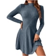 thumbnail image 1 of Ribbed Knit Sweater Dress for Women Short Length Mock Neck Long Sleeve Fit and Flare Fall A-Line Mini Dresses (M, Light Blue), 1 of 7