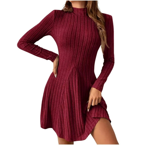 Ribbed Knit Sweater Dress for Women Short Length Mock Neck Long Sleeve Fit and Flare Fall A-Line Mini Dresses (S, Wine)