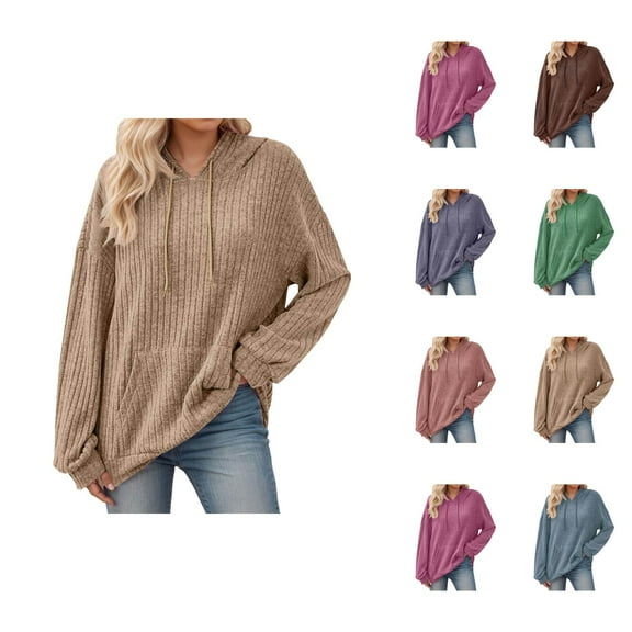 Ribbed Knit Sweater Hoodie 2025 Fall Winter Long Sleeve Hoodies with Pockets Hooded Sweatshirt Hoodie Women Pullover
