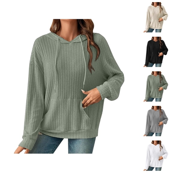 Ribbed Knit Sweater Hoodie 2025 Long Sleeve Plain Basic Hoodies with Pockets Hooded Sweatshirt Hoodie Women Pullover
