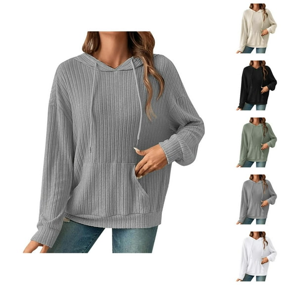 Ribbed Knit Sweater Hoodie 2025 Long Sleeve Plain Basic Hoodies with Pockets Hooded Sweatshirt Hoodie Women Pullover