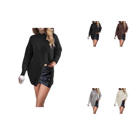 Ribbed Knit Sweater Oversized Soft Pullover Turtleneck Top Long Sleeve Casual Split Hem Loose Fit Comfortable Winter Fall Fashion For Ladies