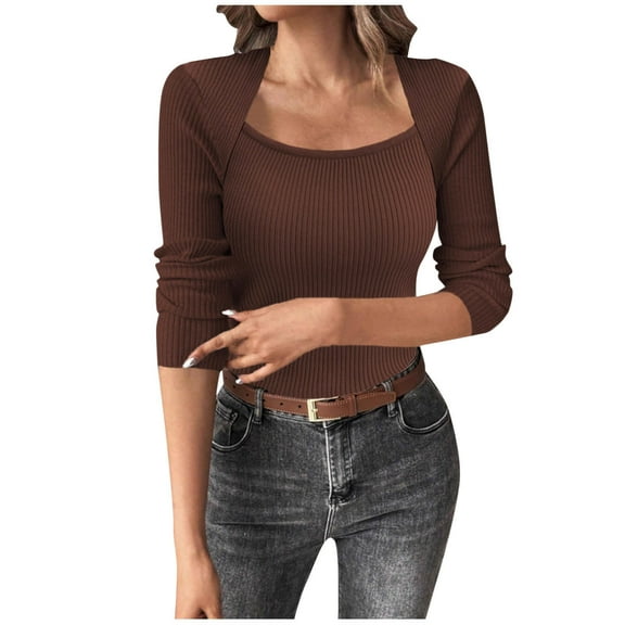 Ribbed Knit Sweaters Womens Lightweight Long Sleeve Pullover Sweater Slim-Fit Fall Winter Casual Basic Tops Coffee, L
