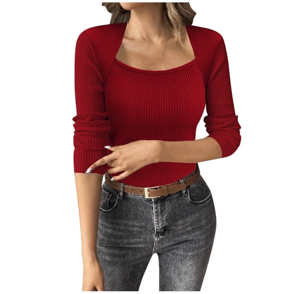Ribbed Knit Sweaters Womens Lightweight Long Sleeve Pullover Sweater Slim-Fit Fall Winter Casual Basic Tops Wine, L