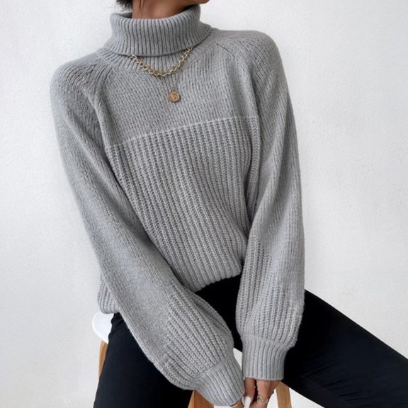 Ribbed Knit Sweaters for Women Loose Fit High Neck Sweaters Solid Color Comfortable Fall Long Sleeve Pullovers Top Winter Clothes