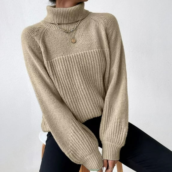 Ribbed Knit Sweaters for Women Loose Fit High Neck Sweaters Solid Color Comfortable Fall Long Sleeve Pullovers Top Winter Clothes